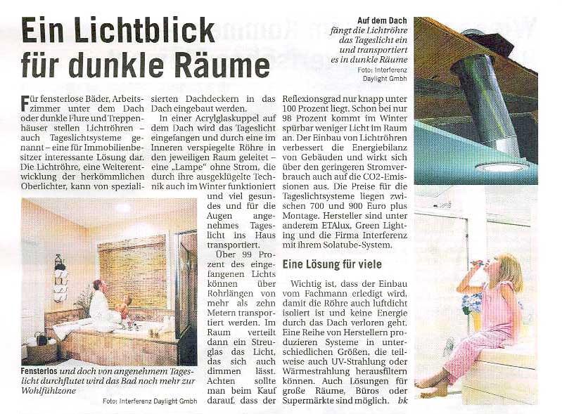 Presseartikel/Anzeige Solatube - Niendorfer Wochenblatt